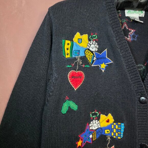 Vtg QUACKER FACTORY Black Cardigan Sweater Holiday Christmas Angels Holly Stars - Picture 2 of 11